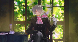 Rule 34 | 1boy, absurdres, ascot, black suit, crossed legs, doll, doll on shoulder, emily (pandora hearts), fork, formal, gloves, grey hair, hair over one eye, highres, holding, holding fork, light smile, looking at viewer, on chair, one eye covered, pandora hearts, pink ascot, red eyes, short hair, sitting, solo, stuffed toy, suit, white gloves, xerxes break, xiuning233
