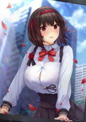 Rule 34 | 1girl, black skirt, blouse, blue sky, blurry, blurry background, blush, bob cut, bow, bowtie, breasts, building, buttons, cloud, cloudy sky, collared shirt, commentary request, depth of field, eriko (princess connect!), eriko (real) (princess connect!), falling petals, fingernails, flower, hair ribbon, hairband, highres, huge breasts, kannko bokujou, long sleeves, looking at viewer, nail polish, outdoors, parted lips, petals, princess connect!, red bow, red bowtie, red eyes, red flower, red hairband, red nails, red ribbon, revision, ribbon, scissors, shaded face, shirt, shirt tucked in, short hair, skirt, sky, smile, solo, white shirt, wind