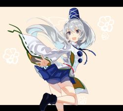 Rule 34 | 1girl, bare legs, black footwear, blue skirt, falken (yutozin), grey eyes, hat, highres, japanese clothes, kariginu, letterboxed, long hair, long sleeves, looking at viewer, looking back, mononobe no futo, open mouth, pom pom (clothes), ponytail, ribbon, shirt, silver hair, simple background, skirt, smile, solo, standing, standing on one leg, tate eboshi, touhou, white shirt, wide sleeves