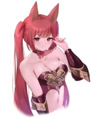 Rule 34 | 1girl, animal ears, bare shoulders, bow, bowtie, breasts, cerberus (shingeki no bahamut), choker, cleavage, closed mouth, cropped torso, dog ears, granblue fantasy, hand up, highres, light blush, lips, long hair, looking at viewer, medium breasts, navel, orange eyes, pepeo, red bow, red bowtie, red eyes, simple background, solo, twintails, upper body, vambraces, white background