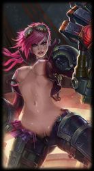 Rule 34 | blue eyes, gauntlets, goggles, league of legends, leg armor, nose piercing, piercing, red hair, short hair, shoulder pads, vi (league of legends)