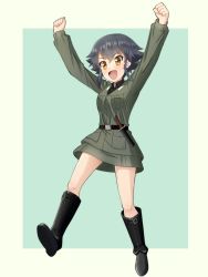 Rule 34 | 10s, 1girl, arms up, belt, black footwear, black hair, blush, boots, braid, breast pocket, commentary, girls und panzer, highres, knife, long sleeves, looking away, open mouth, pepperoni (girls und panzer), pocket, ruka (piyopiyopu), sheath, sheathed, short hair, smile, solo, weapon, yellow eyes