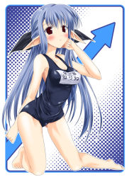 Rule 34 | 00s, 1girl, black one-piece swimsuit, blue hair, half updo, name tag, nerine, one-piece swimsuit, school swimsuit, shuffle!, solo, swimsuit