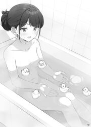 Rule 34 | 1girl, :d, bath, bathing, bathtub, blush, breasts, collarbone, commentary request, feet out of frame, greyscale, groin, hair bun, highres, indoors, knees up, mole, mole under eye, monochrome, navel, open mouth, original, partially submerged, rubber duck, sitting, small breasts, smile, solo, swept bangs, takenoko no you, tile wall, tiles, water
