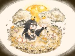 Rule 34 | 1boy, 1girl, black bow, black dress, black hair, blind prince, bow, cape, crown, dress, flower, forest, highres, leaf, liar princess, looking at another, moon, nature, open mouth, smile, usotsuki hime to moumoku ouji, yabisara