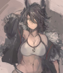 Rule 34 | 1girl, abs, arm up, bikini, black hair, black jacket, breasts, closed mouth, eyepatch, fur-trimmed jacket, fur trim, grey background, hair between eyes, headgear, highres, jacket, kantai collection, large breasts, long sleeves, medium hair, moor, open clothes, open jacket, simple background, solo, swimsuit, tenryuu (kancolle), toned, upper body, white bikini, yellow eyes