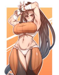 Rule 34 | 1girl, armpits, arms up, bandages, blush, breasts, brown eyes, brown hair, carcass (artist), curvy, dnf duel, dungeon and fighter, fighter, fighter (dungeon and fighter), fingerless gloves, frown, gloves, highres, large breasts, long hair, looking at viewer, looking down, low-tied long hair, midriff, muscular, muscular female, ponytail, scar, serious, solo, sportswear, swept bangs, thick thighs, thighs, toned, very long hair, wide hips