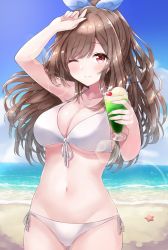 1girl, arm up, bad id, bad twitter id, balloom 17, beach, bikini, blue sky, bow, breasts, brown hair, cherry, cleavage, closed mouth, cloud, cloudy sky, commentary, cup, day, eyebrows visible through hair, food, front-tie bikini, front-tie top, fruit, hair bow, highres, holding, holding cup, horizon, ice cream, ice cream float, idolmaster, idolmaster shiny colors, large breasts, lens flare, long hair, looking at viewer, navel, ocean, one eye closed, outdoors, pink eyes, shading eyes, side-tie bikini, sky, smile, solo, sparkle, standing, swimsuit, tsukioka kogane, white bow