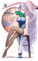 Rule 34 | 1girl, absurdres, alternate costume, artist logo, bare arms, bird, black thighhighs, blue dress, blue eyes, braid, breasts, bright pupils, chair, cherry blossoms, china dress, chinese clothes, cleavage, commentary, dress, english commentary, falling petals, feather fan, feather hair ornament, feathers, flats, flower, folding fan, full body, gloves, grey hair, hair ornament, hand fan, highres, holding, holding fan, hololive, hololive indonesia, landacdeus, large breasts, long hair, looking at viewer, on chair, pavolia reine, peacock, peacock feathers, pelvic curtain, petals, pink flower, side slit, sitting, smile, solo, thighhighs, very long hair, virtual youtuber, white background, white footwear, white gloves, window, wooden chair