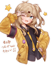 Rule 34 | 1girl, :d, ai kusunoki, bandaid, black shirt, blue eyes, blue nails, blush, collared shirt, cropped torso, fang, hair ornament, hand on own hip, highres, jacket, kasukabe tsumugi, light brown hair, long sleeves, looking at viewer, medium hair, necktie, one side up, open clothes, open jacket, open mouth, shirt, simple background, skin fang, smile, solo, star (symbol), v, voicevox, white background, yellow jacket, yellow necktie