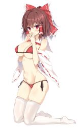 Rule 34 | 1girl, :3, alternate costume, bare shoulders, belly, bikini, blush, body blush, border, breasts, brown hair, cleavage, clothes lift, covered erect nipples, detached sleeves, female focus, from side, full moon, groin, hair tubes, hakurei reimu, highres, kneeling, large breasts, long hair, looking at viewer, micro bikini, micro bra, mokumokuren (atariya kyoushitsu), moon, navel, own hands together, ponytail, red eyes, revealing clothes, ribbon-trimmed sleeves, ribbon trim, seductive smile, shirt lift, side-tie bikini bottom, sideboob, simple background, skindentation, smile, solo, steepled fingers, sweat, swimsuit, thighhighs, touhou, underboob, wavy mouth, white background, white thighhighs, wide sleeves