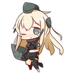 Rule 34 | 10s, 1girl, ;o, blonde hair, blue eyes, blush, chibi, cropped jacket, crying, crying with eyes open, full body, garrison cap, hat, kantai collection, long hair, nuu (nu-nyu), one eye closed, rigging, simple background, solo, tears, torn clothes, u-511 (kancolle), white background
