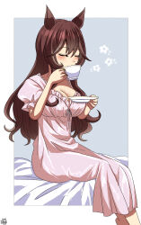 Rule 34 | 1girl, absurdres, alternate costume, alternate hairstyle, animal ears, barefoot, blush, border, breasts, brown hair, cleavage, closed eyes, color neko (user yfvc3323), commentary request, cup, dress, feet out of frame, gentildonna (umamusume), hair between eyes, hair down, highres, holding, holding cup, holding saucer, horse ears, horse girl, large breasts, long hair, pink dress, puffy short sleeves, puffy sleeves, saucer, short sleeves, signature, sitting, sleepwear, solo, teacup, umamusume, very long hair, white border