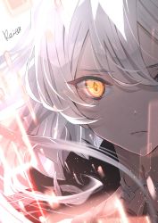 Rule 34 | 1girl, artist name, character request, closed mouth, commentary request, genshin impact, hair between eyes, highres, hoshizaki reita, looking at viewer, orange eyes, portrait, signature, solo, unknown god (genshin impact), white hair