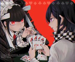 Rule 34 | ace (playing card), ace of clubs, ace of diamonds, black hair, bonnet, card, celestia ludenberg, checkered clothes, checkered scarf, claw ring, club (shape), commentary, danganronpa: trigger happy havoc, danganronpa (series), danganronpa v3: killing harmony, diamond (shape), drill hair, english commentary, english text, gothic lolita, joker (playing card), lolita fashion, long hair, nail polish, necktie, oma kokichi, overine19, playing card, purple eyes, purple hair, red background, red eyes, scarf, simple background, straitjacket, tongue, tongue out, twin drills