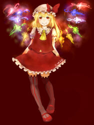 Rule 34 | 1girl, 2015, ascot, black thighhighs, blonde hair, bow, closed mouth, collared shirt, dated, flandre scarlet, frilled shirt collar, frilled skirt, frills, full body, glowing, glowing wings, hat, hat bow, hat ribbon, light smile, looking at viewer, mary janes, medium hair, mensao de chuanchati, mob cap, multicolored wings, one side up, puffy short sleeves, puffy sleeves, red background, red bow, red eyes, red footwear, red ribbon, red skirt, red vest, ribbon, ribbon-trimmed headwear, ribbon trim, shirt, shoes, short sleeves, simple background, skirt, skirt set, sleeve ribbon, solo, striped clothes, striped thighhighs, thighhighs, touhou, vertical-striped clothes, vertical-striped thighhighs, vest, white hat, white shirt, wings, yellow ascot