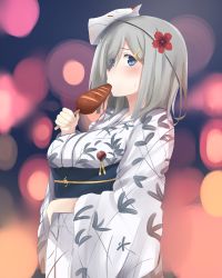 Rule 34 | 10s, 1girl, blue eyes, breasts, cowboy shot, flower, food, food in mouth, fox mask, from side, hair flower, hair ornament, hair over one eye, hairclip, hamakaze (kancolle), highres, ikayaki, japanese clothes, kantai collection, kimono, maosame, mask, mask on head, obi, sash, short hair, silver hair, solo, squid, yukata