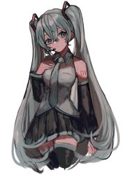 1girl absurdres aqua_eyes arm_tattoo black_footwear black_skirt black_sleeves boots breasts collared_shirt commentary cropped_legs crossed_bangs detached_sleeves gomiyama grey_hair grey_shirt hair_between_eyes hatsune_miku headset highres long_hair long_sleeves number_tattoo pleated_skirt shirt simple_background skirt sleeveless sleeveless_shirt solo tattoo thigh_boots thighhighs very_long_hair vocaloid white_background zettai_ryouiki