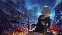 Rule 34 | 1girl, against railing, blonde hair, city, cityscape, cowboy shot, cross, cross necklace, cup, fate/grand order, fate (series), fur trim, hair between eyes, holding, jacket, jeanne d&#039;arc (fate), jeanne d&#039;arc alter (fate), jeanne d&#039;arc alter (ver. shinjuku 1999) (fate), jewelry, kuroduki (pieat), long sleeves, looking at viewer, necklace, night, official alternate costume, outdoors, parted lips, railing, rain, short hair, smile, solo, sword, weapon, yellow eyes