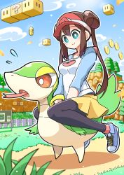 Rule 34 | 1girl, absurdres, black pantyhose, blue eyes, blush, bow, breasts, bright pupils, brown hair, closed mouth, cloud, coin, commentary request, creatures (company), day, double bun, fence, flying sweatdrops, game freak, gen 5 pokemon, grass, hair bun, highres, long hair, mario (series), merugamu melgum, nintendo, outdoors, pantyhose, pantyhose under shorts, pink bow, pokemon, pokemon (creature), pokemon bw2, raglan sleeves, riding, riding pokemon, rosa (pokemon), shirt, shoes, short shorts, shorts, sign, sitting, sky, smile, sneakers, snivy, tongue, tongue out, tree, twintails, visor cap, white pupils, yellow shorts