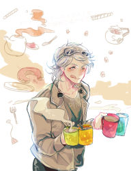 Rule 34 | 1boy, :q, animification, bad id, bad pixiv id, coffee, coffee mug, cup, doughnut, food, goggles, goggles on head, grey hair, highres, holding, holding cup, male focus, marvel, mikann0206, mug, one eye closed, peter maximoff, quicksilver, smile, solo, teapot, tongue, tongue out, x-men, x-men: days of future past