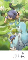 Rule 34 | 2boys, animal ears, aqua hair, barefoot, bean mr12, child, fengxi (the legend of luoxiaohei), highres, holding, holding clothes, lily pad, log, long hair, low-tied long hair, multiple boys, official art, open mouth, pointy ears, profile, purple hair, second-party source, tail, luo xiaohei zhanji, water, water lily flower, xuhuai (the legend of luoxiaohei), aged down