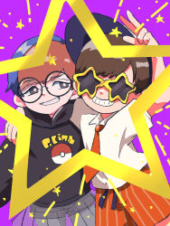 1boy 1girl 82_kita_87 black_hoodie blue_hair bright_pupils brown_eyes brown_hair collared_shirt creatures_(company) florian_(pokemon) game_freak glasses highres hood hoodie multicolored_hair naranja_academy_school_uniform necktie nintendo orange_necktie orange_shorts penny_(pokemon) poke_ball_print pokemon pokemon_sv print_hoodie purple_background round_eyewear school_uniform shirt short_hair short_sleeves shorts simple_background star-shaped_eyewear star_(symbol) sunglasses tinted_eyewear two-tone_hair v white_pupils white_shirt