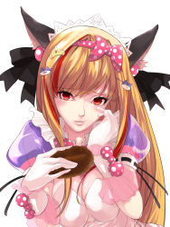 Rule 34 | 1girl, animal ears, bad id, bad pixiv id, beatmania, beatmania iidx, blonde hair, bow, breasts, cat ears, cleavage, gloves, hairband, hand on own face, highres, long hair, maid headdress, multicolored hair, nanotaro, open m/, red eyes, sneijder845, solo, the knee socks princess of glass, two-tone hair, upper body, white gloves