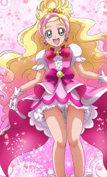 Rule 34 | 1girl, :d, blonde hair, bow, cure flora, earrings, eyebrows, flower earrings, full body, gloves, go! princess precure, green eyes, hanzou, haruno haruka, highres, jewelry, legs, long hair, looking at viewer, magical girl, multicolored hair, open mouth, petals, pink background, pink bow, pink skirt, precure, skirt, smile, solo, sparkle, streaked hair, thick eyebrows, two-tone hair, upskirt, waist bow, white gloves