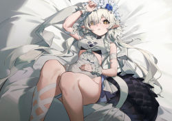 Rule 34 | 1girl, arknights, arm strap, arm up, bare shoulders, belt, blue flower, braid, casual one-piece swimsuit, crocodilian tail, eyes visible through hair, feet out of frame, flower, grey hair, hair flower, hair ornament, hair over one eye, hand on own stomach, large tail, legs up, long hair, looking at viewer, lying, official alternate costume, on back, on bed, one-piece swimsuit, parted lips, pg (pgouwoderen), pointy ears, side braid, solo, swimsuit, tail, tomimi (arknights), tomimi (silent night) (arknights), very long hair, white flower, wrist cuffs, yellow eyes