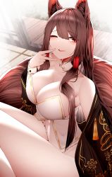 Rule 34 | 1girl, ;d, absurdres, akagi (azur lane), animal ears, ass, azur lane, breasts, brown hair, cleavage, collarbone, commentary request, detached collar, dress, hair between eyes, hair tubes, hand to own mouth, highres, japanese clothes, large breasts, long hair, looking at viewer, navel, one eye closed, open mouth, red eyes, samip, sidelocks, sitting, smile, solo, thighs, white dress, wooden floor