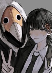 Rule 34 | 1boy, 1girl, black eyes, black hair, blush, chainsaw man, collared shirt, formal, grey background, hair ornament, hairclip, higashiyama kobeni, highres, hood, hood up, hoodie, inuo (inuo x), long sleeves, looking at viewer, mask, mole, mole under eye, mole under mouth, necktie, nervous, shirt, short hair, short ponytail, simple background, suit, sweat, v, violence fiend (chainsaw man), white shirt