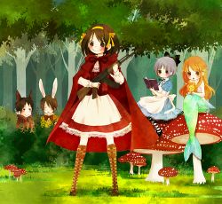 Rule 34 | 2boys, 3girls, :&gt;, :o, ak-47, alice (alice in wonderland), alice (alice in wonderland) (cosplay), alice in wonderland, animal ears, apron, asahina mikuru, assault rifle, bad id, bad pixiv id, big bad wolf, big bad wolf (cosplay), blush, book, boots, bow, cosplay, cross-laced footwear, dress, forest, grimm&#039;s fairy tales, gun, hair bow, hair ribbon, kalashnikov rifle, koizumi itsuki, kyon, lace, lace-trimmed dress, lace-up boots, lace trim, lion, little red riding hood, little red riding hood (grimm), little red riding hood (grimm) (cosplay), mermaid, moffunnyo, monster girl, mugen lion, multiple boys, multiple girls, mushroom, nagato yuki, nature, pantyhose, rabbit ears, ribbon, rifle, scales, sitting, standing, striped clothes, striped legwear, striped pantyhose, suzumiya haruhi, suzumiya haruhi no yuuutsu, the little mermaid, the little mermaid (andersen), tree, unmoving pattern, weapon, white rabbit (alice in wonderland), white rabbit (cosplay), wolf ears