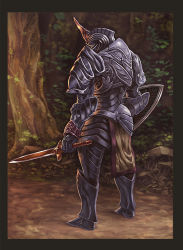 Rule 34 | 1other, armor, boots, border, breastplate, facing away, fake horns, faulds, forest, from behind, full armor, full body, greaves, guchico, helmet, holding, holding shield, holding sword, holding weapon, horned helmet, nature, original, outdoors, pauldrons, pelvic curtain, shield, shoulder armor, solo, standing, sword, tree, weapon