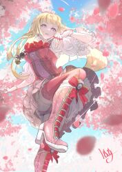 Rule 34 | 1girl, absurdres, bike shorts, blonde hair, boots, cherry blossoms, dress, emilie de rochefort, fingerless gloves, frilled dress, frills, from below, gloves, high heel boots, high heels, highres, lag (wo76 a), long hair, looking at viewer, miniskirt, namco, parted lips, pink thighhighs, puffy short sleeves, puffy sleeves, purple eyes, short sleeves, skirt, tekken, thighhighs