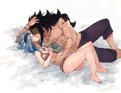 Rule 34 | 1boy, 1girl, bad id, bad twitter id, barefoot, bed sheet, bikini, black hair, black shorts, blue hair, book, breasts, cleavage, closed eyes, ear piercing, fairy tail, full body, gajeel redfox, hand on another&#039;s hip, headband, hetero, holding, holding book, jewelry, kiss, levy mcgarden, long hair, lying, manly, medium breasts, nail polish, necklace, nose piercing, on back, piercing, purple nails, rusky, scar, shorts, signature, striped bikini, striped clothes, swimsuit, toenail polish, toenails, very long hair