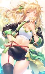 Rule 34 | 1girl, ahoge, alternate hairstyle, bangle, belt, black jacket, black shorts, black thighhighs, blonde hair, bracelet, breasts, cleavage, commentary request, cowboy shot, crop top, cropped jacket, garter belt, garter straps, green eyes, grin, hand on own hip, highres, hoshii miki, idolmaster, idolmaster (classic), jacket, jewelry, long hair, looking at viewer, midriff, multiple belts, nail polish, nanaran, navel, one eye closed, open clothes, open jacket, short shorts, shorts, side ponytail, single thighhigh, small breasts, smile, solo, thighhighs, thighs, v, yellow nails