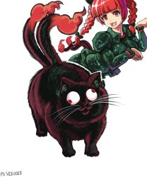 Rule 34 | 1girl, absurdres, black cat, blunt bangs, bow, braid, cat, cat tail, commentary, english commentary, green bow, highres, kaenbyou rin, kaenbyou rin (cat), long sleeves, multiple tails, profitshame, red eyes, red hair, side braids, simple background, tail, touhou, twin braids, two tails, white background