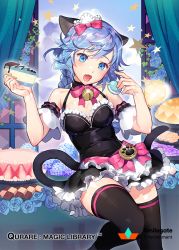 Rule 34 | 1girl, :o, animal ears, apron, argyle, arms up, bare shoulders, bell, black collar, black dress, black footwear, black thighhighs, blue eyes, blue flower, blue hair, blue rose, blue sky, blush, bow, braid, breasts, brooch, cake, cake slice, cake stand, cat ears, cat girl, cat tail, checkerboard cookie, cherry blossom cookie (food), chocolate, chocolate covered, chocolate syrup, cleavage, cloud, cloudy sky, collar, commentary, company name, cookie, copyright name, covered navel, curtains, detached sleeves, dress, eating, fang, flower, food, frilled apron, frilled dress, frilled sleeves, frills, fruit, gearous, gelatin, glint, holding, holding food, horizontal-striped legwear, hydrangea, indoors, jewelry, jingle bell, leg up, light bulb, long hair, macaron, maid headdress, medium breasts, miu (qurare), neck bell, official art, open mouth, open window, paw print, pink bow, qurare magic library, raised eyebrows, red bow, rose, shiny skin, shoes, short dress, single braid, skin tight, sky, solo, standing, standing on one leg, star (symbol), strawberry, strawberry shortcake, striped clothes, striped thighhighs, swept bangs, tail, text focus, thighhighs, tiered tray, tongue, tongue out, waist apron, white apron, window