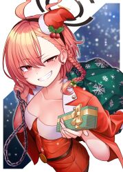 Rule 34 | 1girl, absurdres, ahoge, aojiroi fokkusu, black halo, blue archive, box, braid, breasts, chain, christmas, cleavage, clenched teeth, commentary request, gift, gift box, gloves, halo, hat, highres, holding, holding box, jacket, looking at viewer, mini hat, mole, mole under eye, neru (blue archive), red eyes, red gloves, red hair, red hat, red jacket, santa hat, single braid, single glove, small breasts, smile, solo, teeth