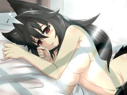 Rule 34 | 1girl, animal ears, bed, black hair, breasts, cleavage, drooling, goma (gomasamune), hair between eyes, highres, large breasts, light censor, long hair, lying, navel, nude, on side, original, red eyes, solo, tail, very long hair