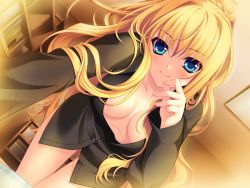 Rule 34 | 1girl, aneiro, black shirt, blonde hair, blouse, blue eyes, breasts, cleavage, collarbone, dress shirt, dutch angle, eyebrows, game cg, indoors, kusunoki ena, long hair, looking at viewer, medium breasts, shirt, smile, solo, unbuttoned, unbuttoned shirt