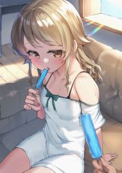 Rule 34 | 1boy, 1girl, arm support, blonde hair, blush, breasts, collarbone, couch, deko isu, dress, highres, holding food, holding ice cream, ice cream, ice cream bar, idolmaster, idolmaster cinderella girls, light particles, looking at viewer, melting, morikubo nono, off-shoulder dress, off shoulder, on couch, sitting, small breasts, sweatdrop, tongue, tongue out, wavy hair
