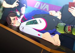 Rule 34 | 1girl, 2boys, anal, anal object insertion, ass, bar censor, barefoot, bdsm, blush, bodypaint, bodysuit, bondage, bottle, bound, bound wrists, brand name imitation, brown eyes, brown hair, cellphone, censored, clenched teeth, clothed male nude female, d.va (overwatch), enema, exhibitionism, facial mark, feet, long hair, mountain dew, multiple boys, nude, object insertion, overwatch, overwatch 1, painted clothes, phone, public indecency, pussy, shiory, smartphone, soda bottle, soles, solo focus, table, teeth, toes, top-down bottom-up, uneven eyes, whisker markings