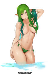 Rule 34 | 1girl, bad id, bad pixiv id, bikini, bikini bottom only, blue eyes, breasts, collarbone, contrapposto, convenient censoring, elf, green bikini, green hair, hair censor, hair over breasts, hand in own hair, head tilt, highres, large breasts, leaf bikini, long hair, looking at viewer, navel, original, pointy ears, shiny skin, side-tie bikini bottom, snortzog, solo, standing, swimsuit, thighs, toned, topless, wading, water, wet, wet hair