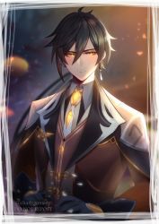 Rule 34 | 1boy, bad id, bad pixiv id, black gloves, black hair, blurry, blurry background, brown hair, changgomeep, closed mouth, collar, collared shirt, earrings, formal, genshin impact, gloves, hair between eyes, highres, jacket, jewelry, long hair, long sleeves, looking at viewer, male focus, multicolored hair, shirt, single earring, solo, suit, yellow eyes, zhongli (genshin impact)