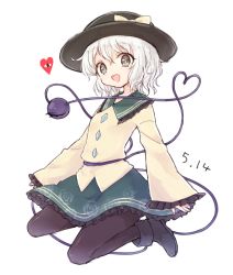 Rule 34 | 1girl, bad id, bad pixiv id, black pantyhose, boots, bow, dated, eyeball, full body, grey eyes, hat, hat bow, heart, heart of string, honotai, komeiji koishi, long sleeves, looking at viewer, open mouth, pantyhose, shirt, short hair, silver hair, simple background, skirt, smile, solo, string, third eye, touhou, white background, wide sleeves