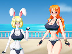 Rule 34 | 2girls, breasts, rabbit, carrot (one piece), cleavage, large breasts, long hair, multiple girls, nami (one piece), one piece, orange hair, smile, tail, tattoo