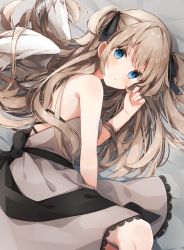 Rule 34 | 1girl, angel wings, bed sheet, black ribbon, blonde hair, blue eyes, blush, commentary, dress, feet out of frame, hair ribbon, hand up, heripiro, highres, lace, lace-trimmed dress, lace trim, long hair, looking at viewer, lying, on side, original, parted lips, ribbon, sleeveless, sleeveless dress, solo, symbol-only commentary, two side up, white dress, white wings, wings