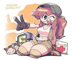 Rule 34 | 1girl, :d, absurdres, backpack, bag, belt, black eyes, boots, breasts, brown gloves, brown hair, cat, cleavage, commentary, fio germi, first aid kit, glasses, gloves, green hat, grey shorts, hat, highres, knee pads, looking at viewer, medium breasts, metal slug, midriff, navel, one eye closed, open mouth, ponytail, rariatto (ganguri), round eyewear, seiza, short shorts, shorts, sitting, smile, solo, tank top, teeth, upper teeth only, v, white tank top